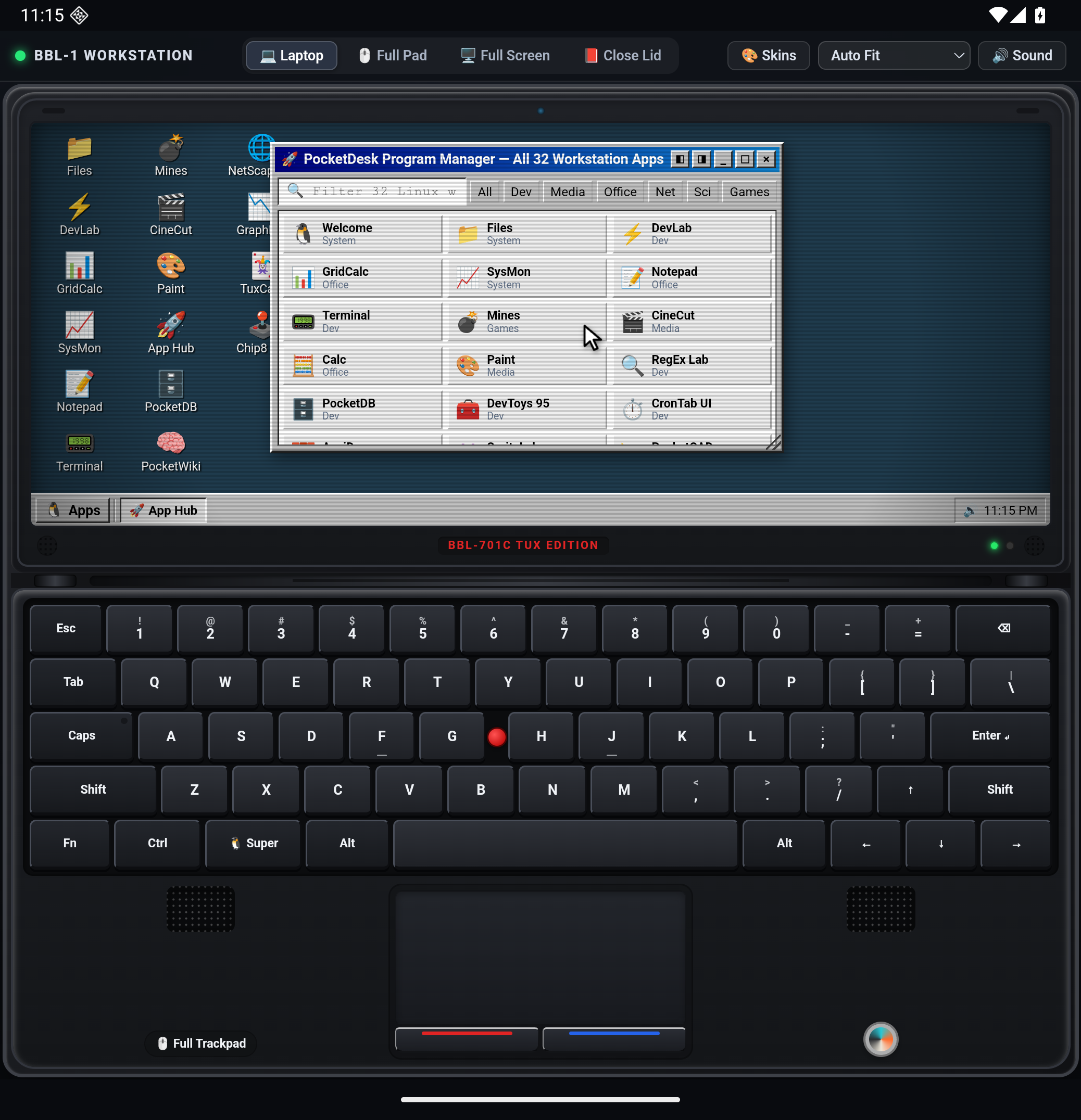 Mini Computer's retro clamshell desktop, with an App Hub window above its virtual keyboard and trackpad.